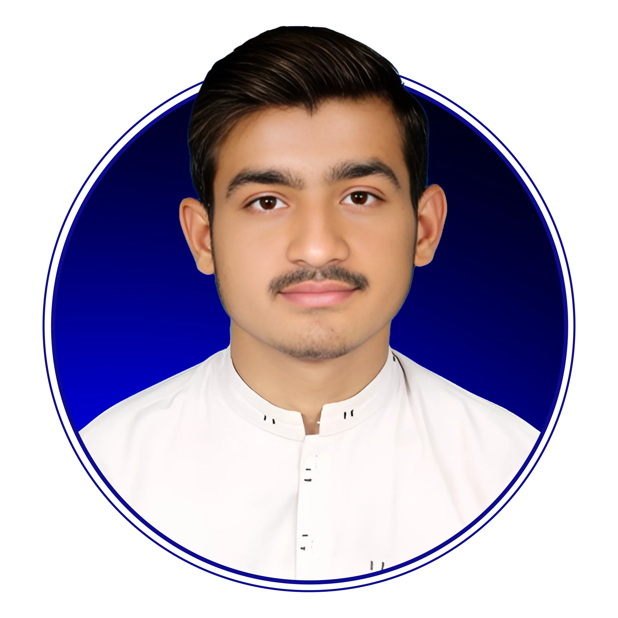 Portrait of Sami, intern graphic designer, wearing a white shirt with blue circular background