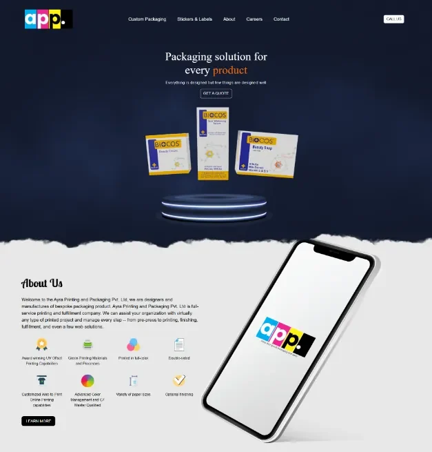 Custom packaging printing solutions website showcasing product boxes, labels, branding and premium packaging designs by Ayra Printing and Packaging Pvt Ltd
