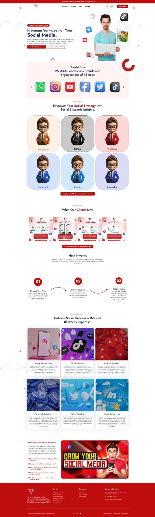 Social Media Marketing Services website design showcasing Instagram, Facebook, TikTok, YouTube, Twitter and LinkedIn solutions by Social Blizzards